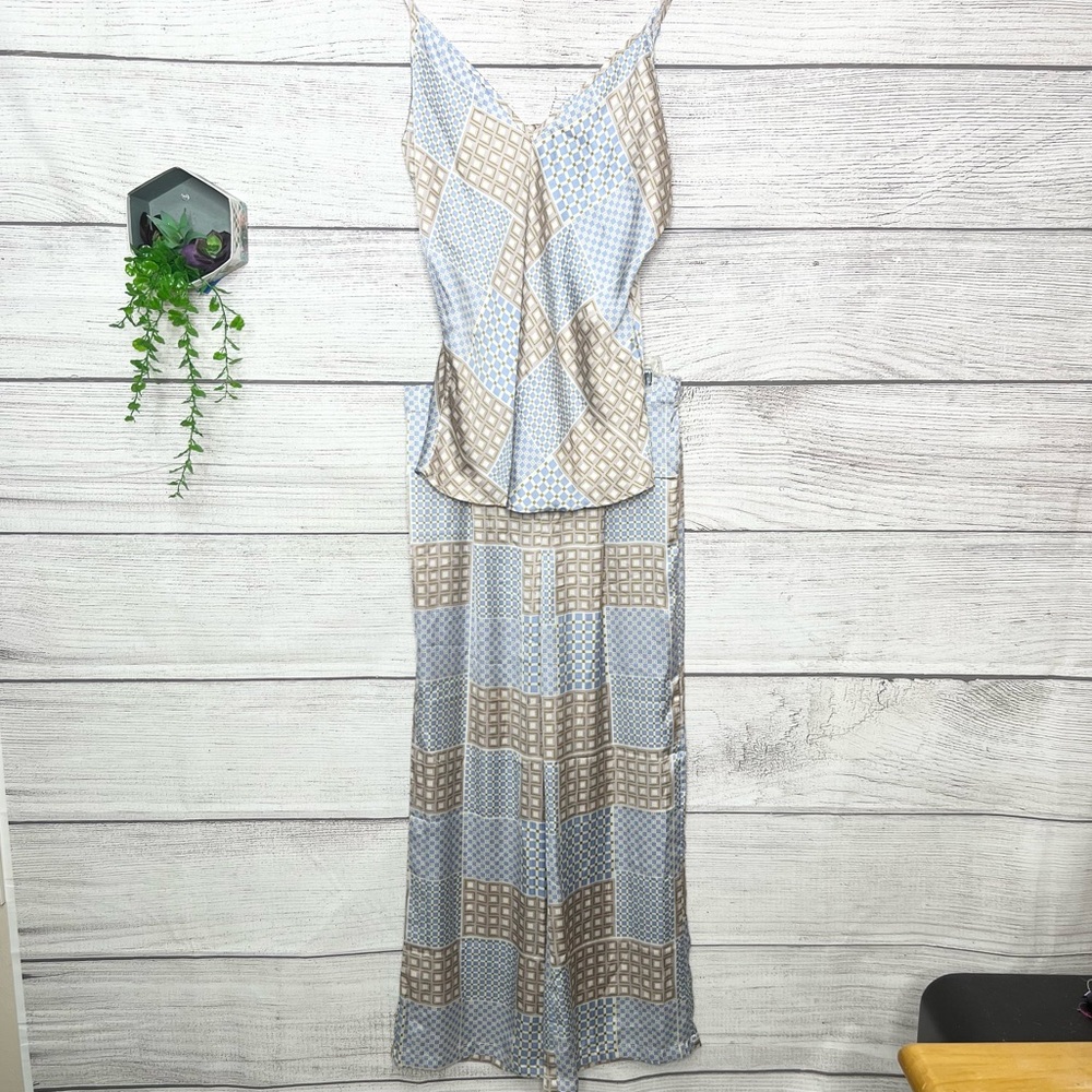 OVS Blue & Beige Geometric Satin Pajamas 2 Pice Set Camisole & Pants Size M/L